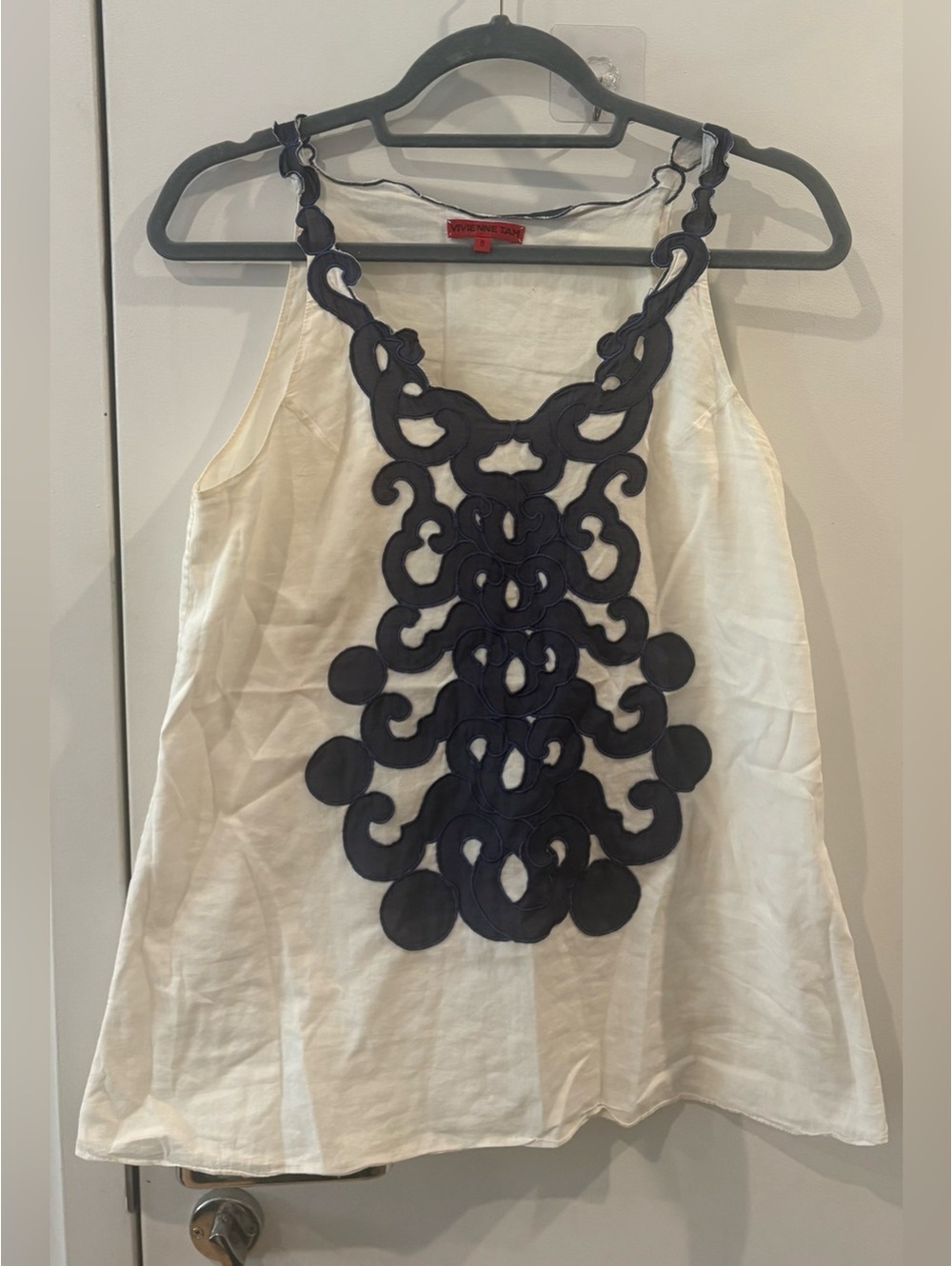 Vivienne Tam Vintage Ivory Tank with Navy Cutwork Applique. Size 8.